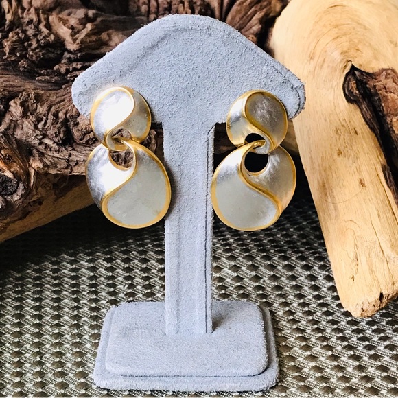 Vintage SIGNED P.E. MCM Costume Gold & Silver Tone Geometric Shape Drop Earrings - Picture 2 of 10